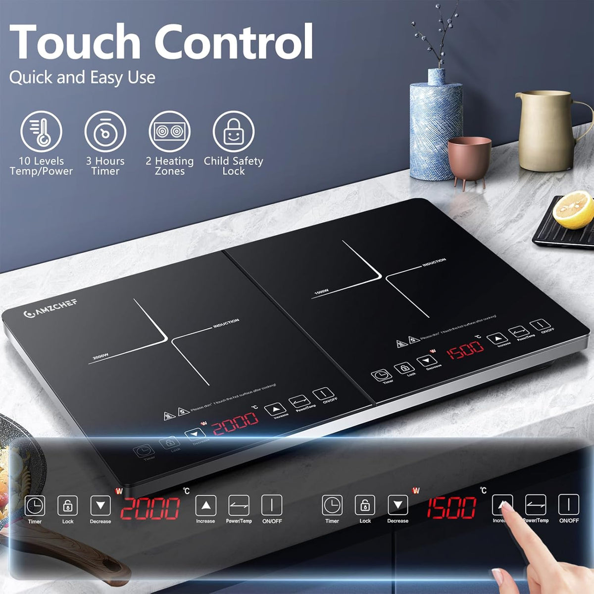 AMZCHEF inductiekookplaat 2 platen, inductiekookplaat dubbel met onafhankelijke bediening, 20 temperatuurniveaus, verschillende vermogensniveaus, 3500W, timer van 3 uur, veiligheidsslot