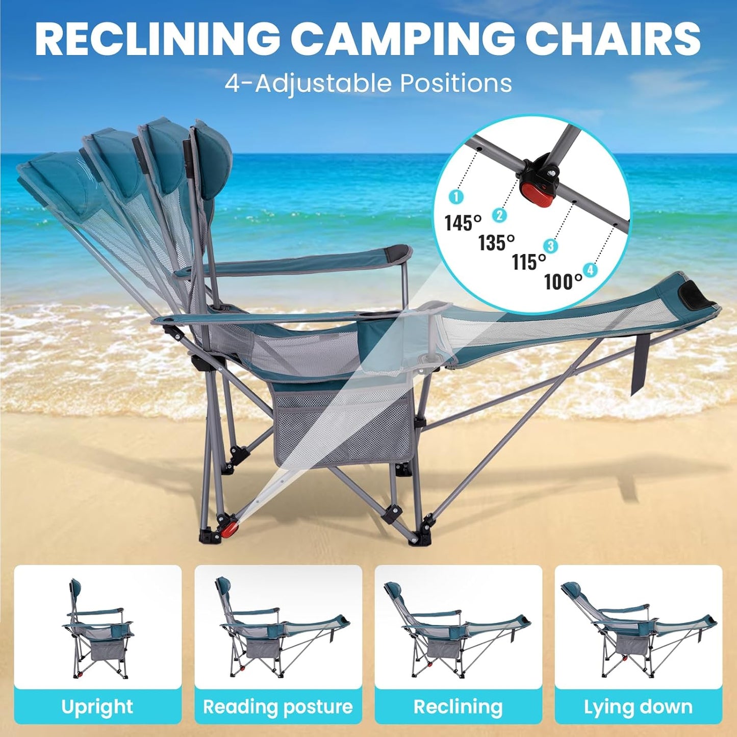 #WEJOY 2-in-1 campingstoel, opvouwbaar, 180 kg, met voetsteun, strandstoel met 4-voudig verstelbare rugleuning, relaxstoel, ligstoel met bekerhouder, ligstoel voor outdoor, camping, cyaan/grijs, set