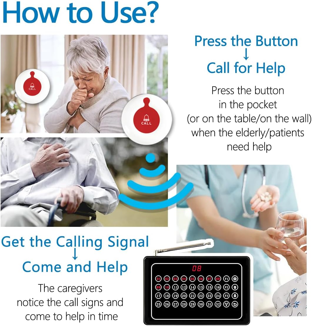 Ober Bellen Systeem Draadloze Verpleegkundige Calling Systeem Caregiver Pager Restaurant Bellen Systeem voor Restaurant Ziekenhuis Kliniek Verpleeghuis 1 Ontvanger 10 Waterdichte Oproep Knoppen