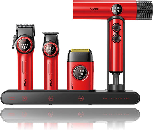 VGR Professional Barber Combo van Tondeuse, Trimmer, Foliescheerapparaat en Ionische Föhn, 4-in-1 Compleet Set met Krachtige Upgraded Motor, Oplaadstation, LED-display, Luxe Opbergkoffer, Rood