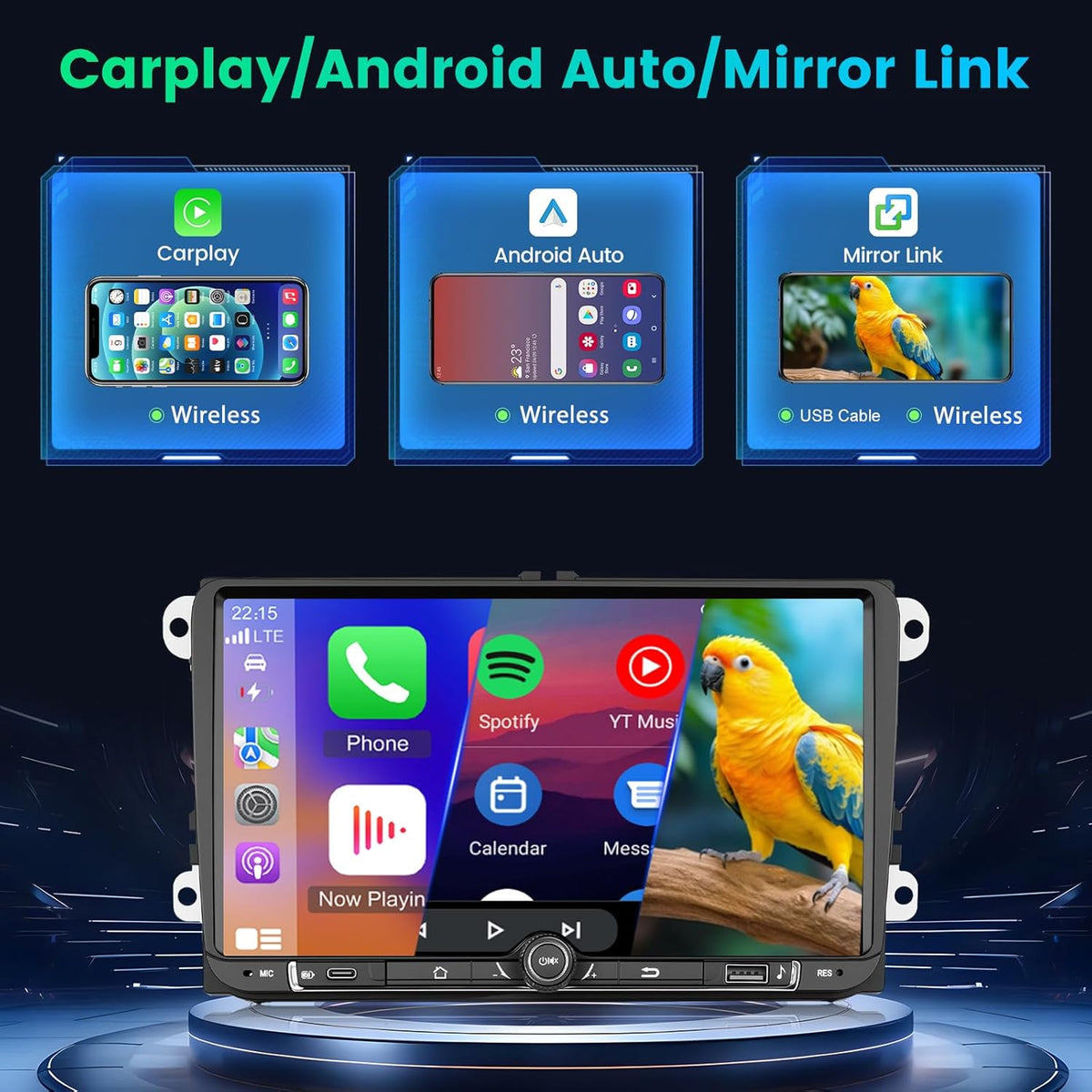 4+64G Android Autoradio voor Volkswagen Golf Passat Jetta Tiguan Polo Touran Seat Skoda, Draadloze CarPlay Android Auto, Touchscreen Display, DSP, GPS, WiFi, Achteruitrijcamera, Plug & Play Radio