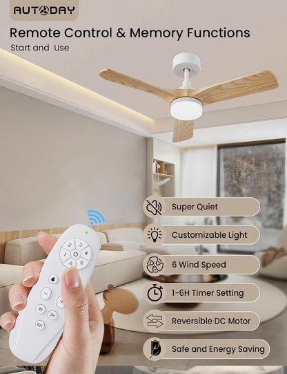 Houten plafondventilator met licht, 30 W, ultra-stille DC-motor, diameter 90 cm, met 3 omkeerbare vleugels, afstandsbediening met geheugenfunctie, 6 snelheden, dimbaar, plafondventilator