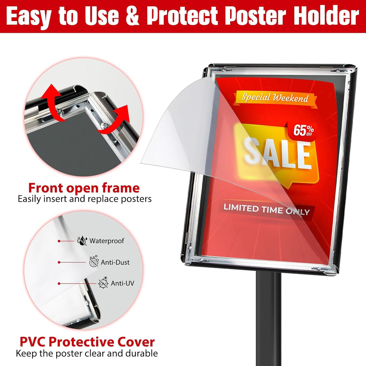 Schildstandaard Set van 3, Zwart – Displaystandaard – Posterstandaard A4 – Informatiestandaard – Menuhouder – Met Zware 2,6 Kg Metalen Voet – 360° Draaibaar En 180° Kantelbaar
