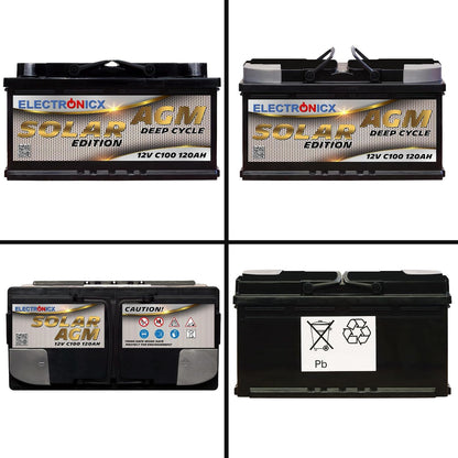 Electronicx AGM boordaccu 120Ah 12V – Deep Cycle Solar Edition – 12V C100 zonne-energie accu met AGM-technologie – 353x175x190mm – onderhoudsvrij – voor camper, boot, fotovoltaïsch 120 Ah
