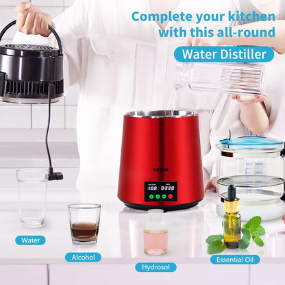 VEVOR Water Distiller 1L to H Household Red Water Distiller Produce Distilled Water 750W, Double Screen Stainless Steel Distiller Plant with Glass Jar Distilling Pure Water