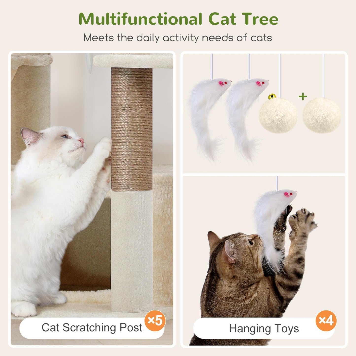 Globlazer Cat Tree Beige Large, Cat Tree XXL high 204cm with 3 cat house, 2 Large Platform, 2 Cat Baskets Soft, Stable cat tower Luxury for 3-5 Large cats Rest Play Indoor (F80F, Beige) - QUORE