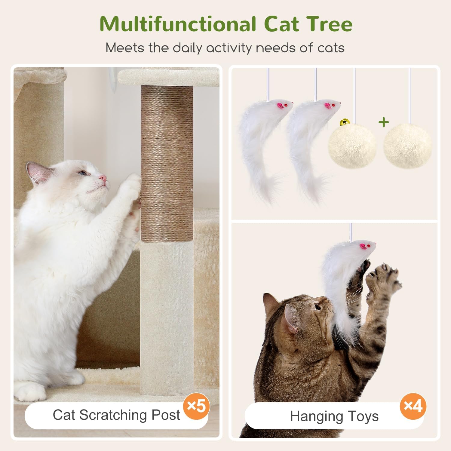 Globlazer Cat Tree Beige Large, Cat Tree XXL high 204cm with 3 cat house, 2 Large Platform, 2 Cat Baskets Soft, Stable cat tower Luxury for 3-5 Large cats Rest Play Indoor (F80F, Beige) - QUORE