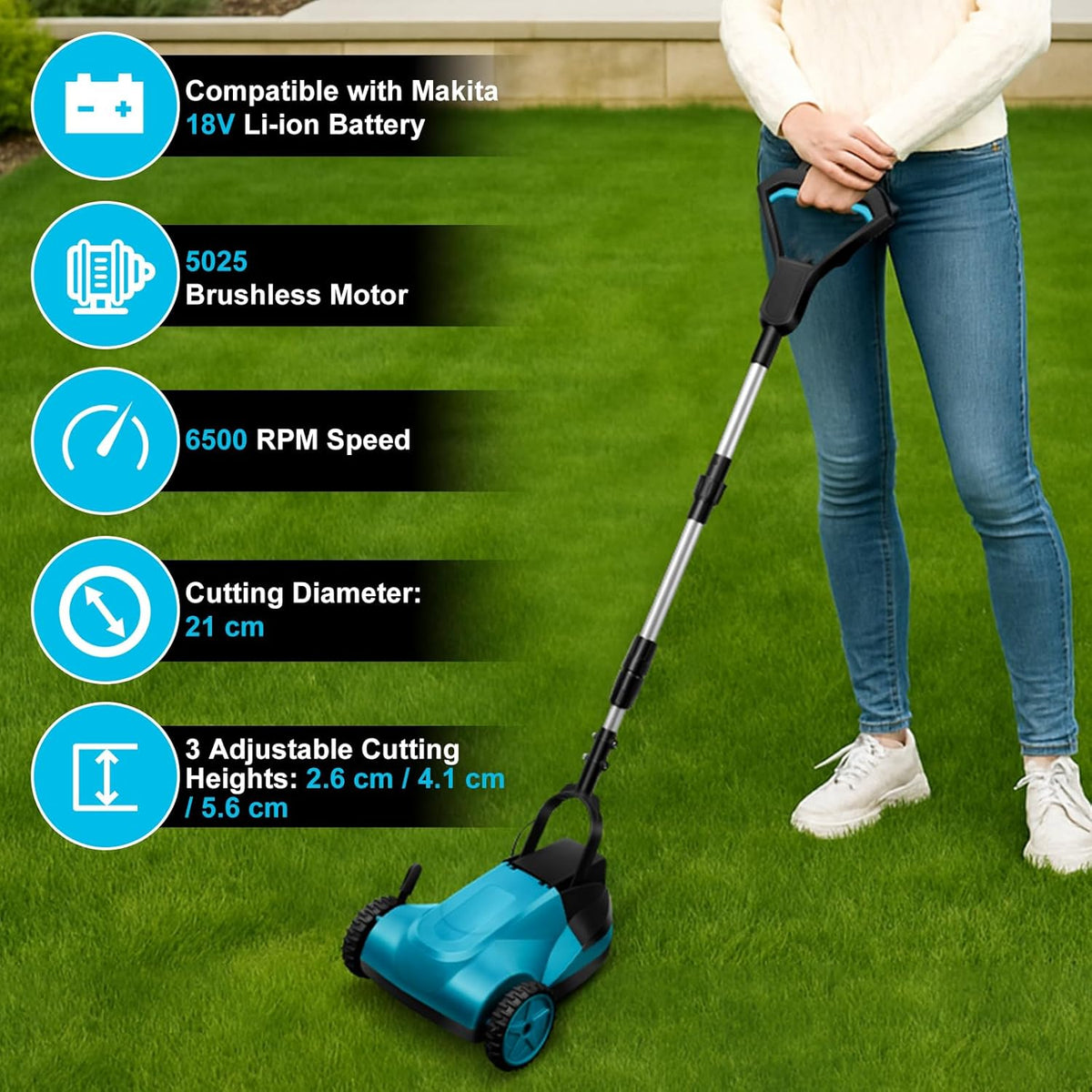 Accugrasmaaier, compatibel met Makita 18V-accu (zonder accu), borstelloze handgrasmaaier voor gazons tot 50 m², maaibreedte 21 cm, 3 instelbare maaihoogte 26 mm/41 mm/56 mm