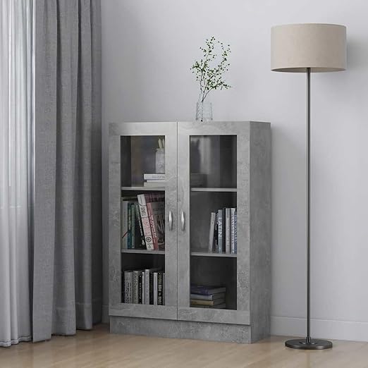 Gecheer Display Cabinet, Glass Display Cabinet, Bookcase, File Cabinet, Office Cabinet, Display Cabinet, Bookcase, Display Cabinet for Living Room, Office, Dining Room, Concrete Grey, 82.5 x 30.5 x - QUORE