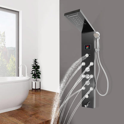 Douchepaneel – Douchekolom – Douchewand – Thermostaatkraan – Regendouche – RVS Zwart – LED Temperatuurweergave – 6 Waterstanden
