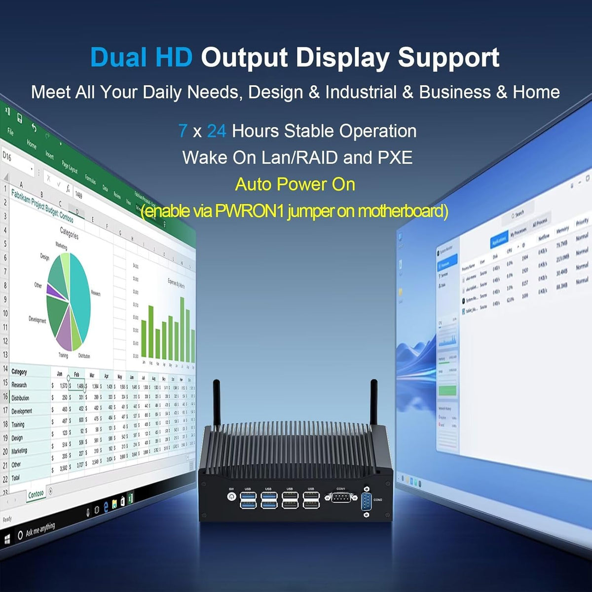 WEIDIAN Mini PC Fanless Industrial Win 11 Pro Core i5 8350U Mini Desktop Computer 8GB RAM 256GB SSD 4K 2xHD, 2xRS232 COM, 2xGigabit Ethernet, 8xUSB VESA Office Small PC Auto Power On Wake on LAN - QUORE