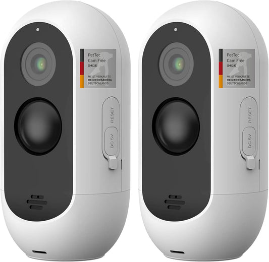 PetTec® Cam Free 2-delige set - Draadloze huisdiercamera hondencamera met app [ZONDER ABONNEMENT] - Katten & honden camera binnen/buiten - Bewegingsdetectie & spraakfunctie - Batterij tot 9 maanden