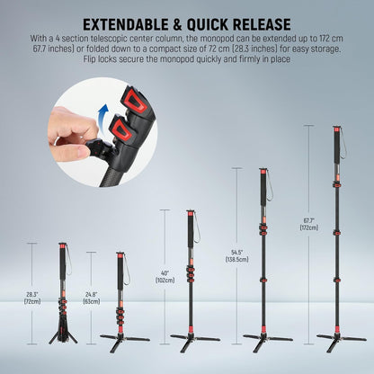 Camera Monopod – Eenpootstatief – Monopod Statief – Camerastandaard – Reisstatief – Uitschuifbaar 72-182 Cm – Afneembare Basis Met 90° Kanteling – Koolstofvezel, Tot 6 Kg Draagvermogen