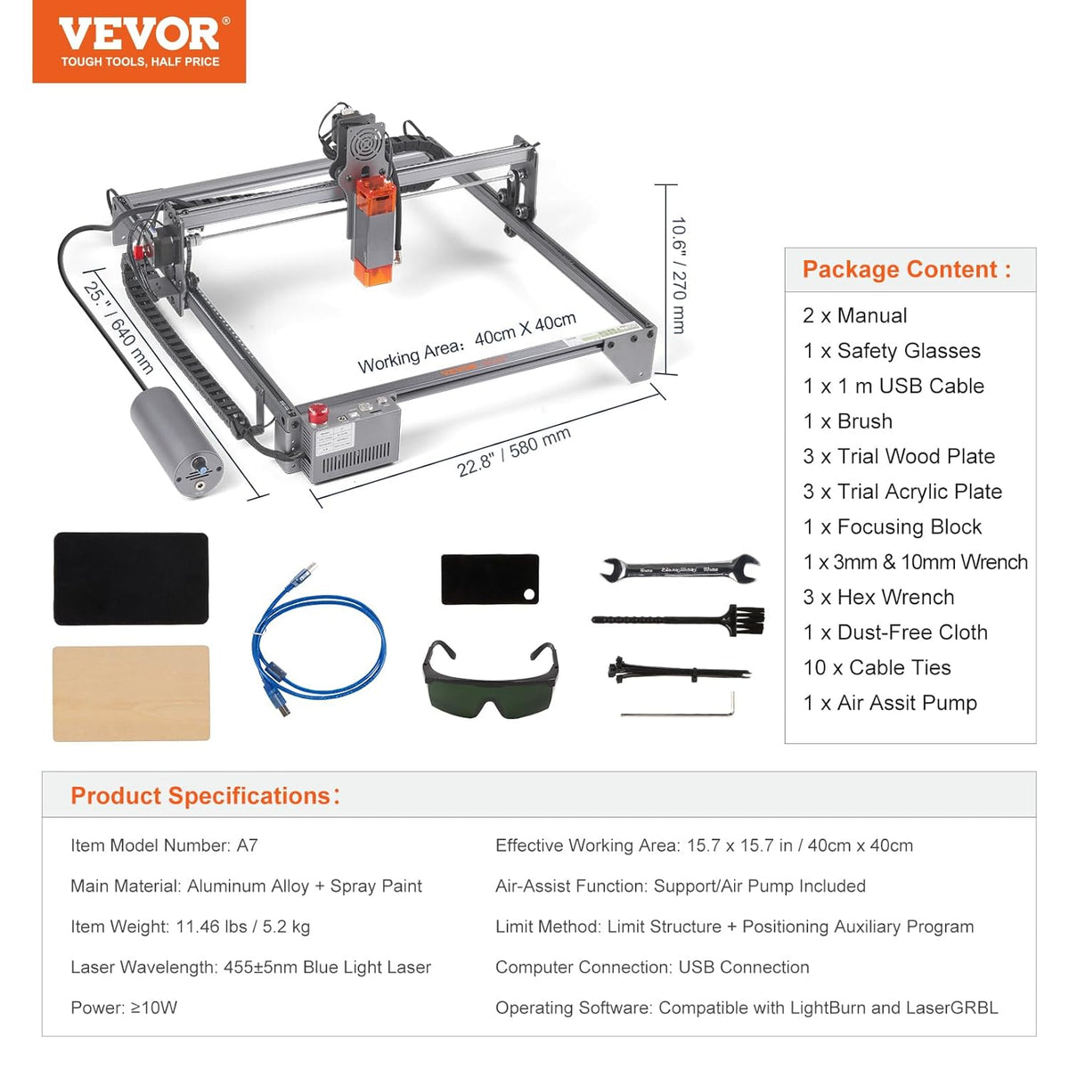 VEVOR Lasergraveermachine, 10 W, graveerapparaat, 40 x 40 cm, werkbereik lasergraveermachine, 455 ± 5 nm, blauw lichtlaser, 10.000 mm/min, USB-aansluiting, compatibel met LightBurn & LaserGRBL