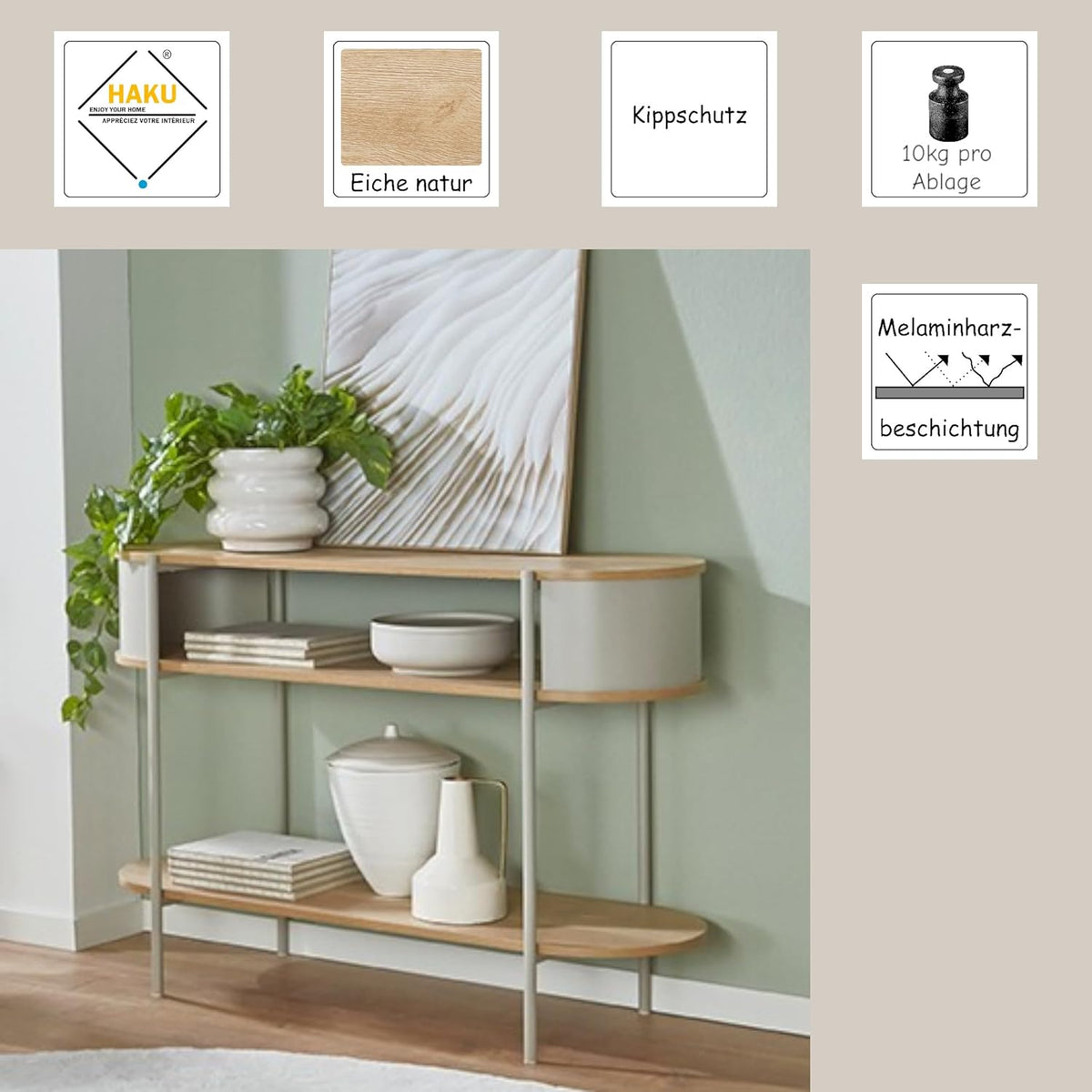 HAKU Consoletafel, eiken, grijs, metaal, spaanplaat, afmetingen: B 110 x H 76 x D 39 cm, stijl: modern
