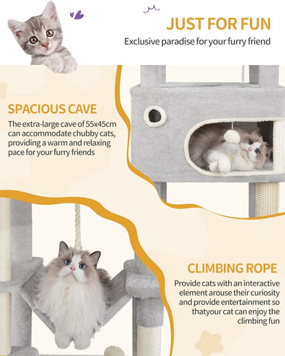 Hzuaneri Cat Scratching Post, 178cm Multilayer Cat Tree with Large Platform, 2 Caves, 7 Sisal Poles, Pompoms, Cat Basket, Hammock, Suitable for Cats of All Sizes, Light Grey MS17818LG - QUORE