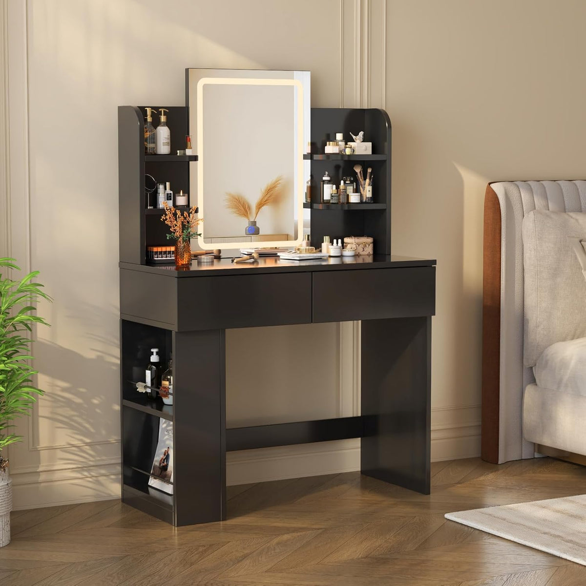 Devoko Dressing Table with Mirror and Lighting,Adjustable Brightness,Makeup Table with 2 Drawers, 4 Shelves, Modern Makeup Desk for Bedroom and Dressing Room (Black, 90 X 40 Centimeters) - QUORE