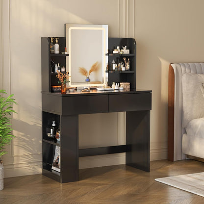 Devoko Dressing Table with Mirror and Lighting,Adjustable Brightness,Makeup Table with 2 Drawers, 4 Shelves, Modern Makeup Desk for Bedroom and Dressing Room (Black, 90 X 40 Centimeters) - QUORE