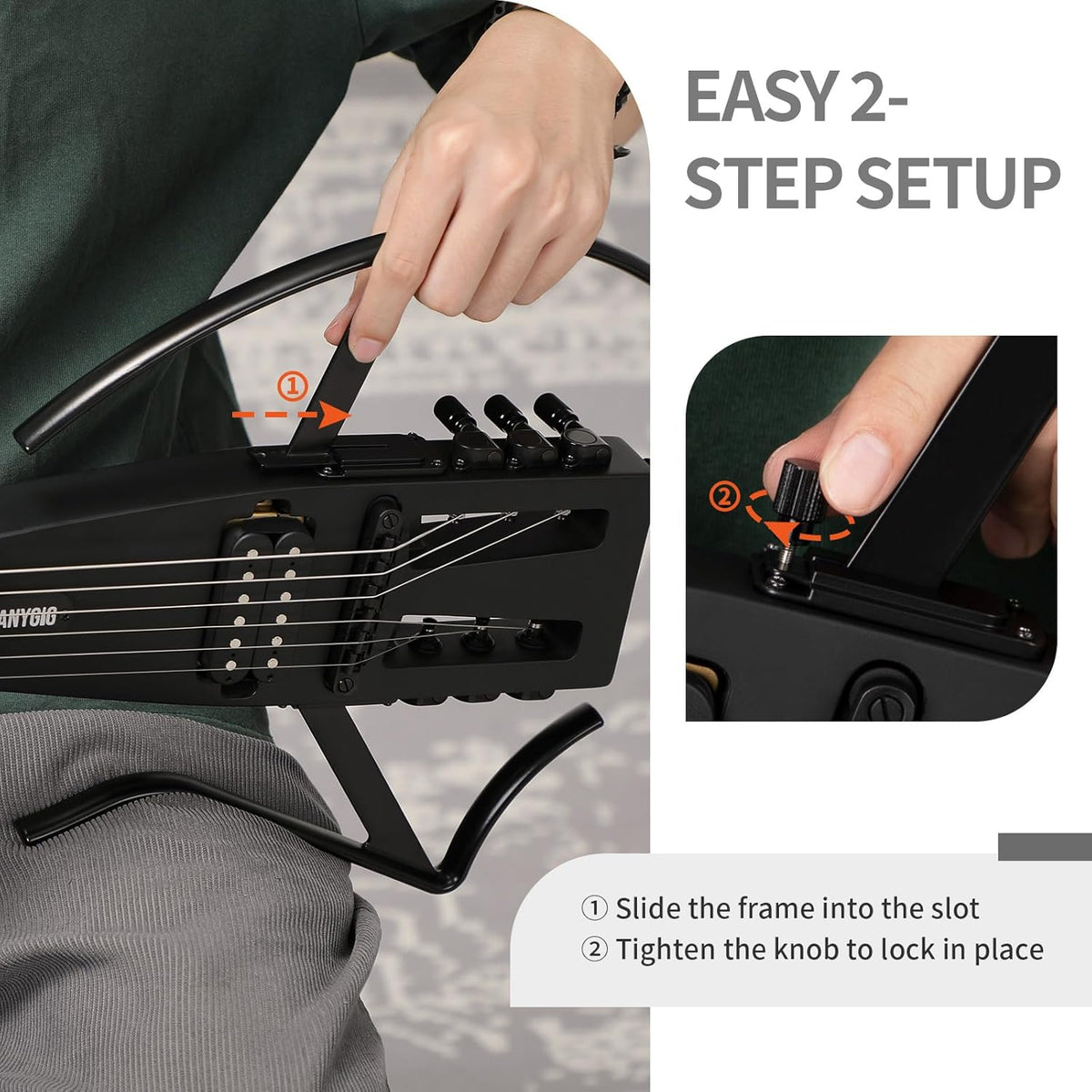 Anygig Reis-elektrische gitaar, ultralicht headless-design met 64 cm palissander-toets, compacte solidbody-oefengitaar met afneembare arm- en beensteunen, zwart