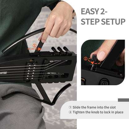 Anygig Reis-elektrische gitaar, ultralicht headless-design met 64 cm palissander-toets, compacte solidbody-oefengitaar met afneembare arm- en beensteunen, zwart