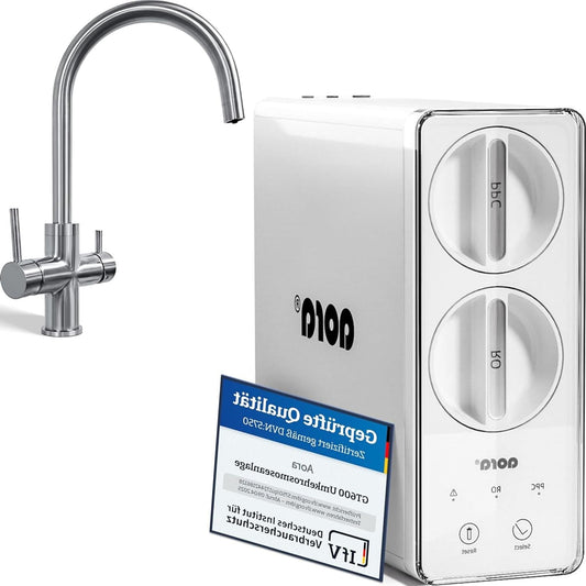 aora GT600 Reverse Osmosis System + 3-Way Stainless Steel Fixture Without Drilling – Osmosis Water Filter with 8-Step Filtration and Filter Change in 3 Seconds – Osmosis Installation Undertable + - QUORE