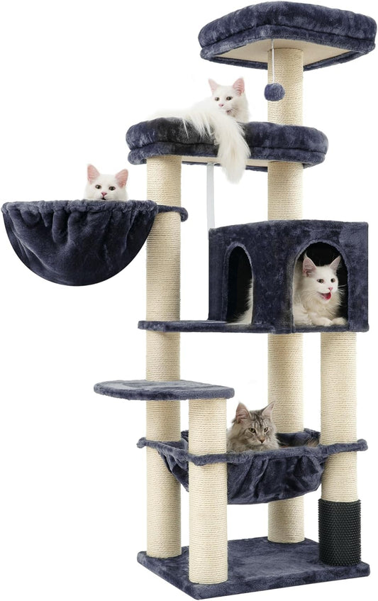 Hey-brother XXL Large Cat Tree for Maine Cat 168 cm Cat Tree for Large Cats with Extra Large Hammock, Sisal Posts (φ11 cm) and Combs, 2 Platforms, Hollow Basket, Smoke Grey EMPJ01G - QUORE