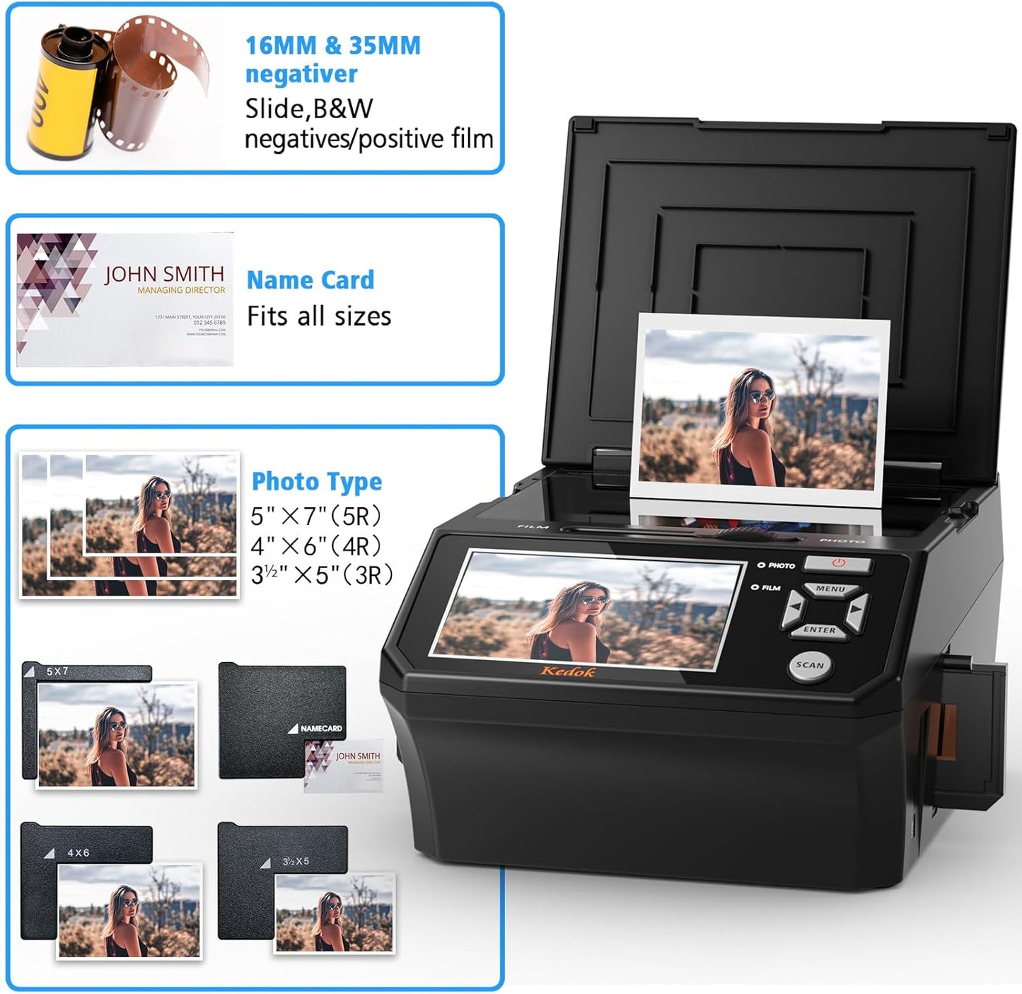 Digitale film- en diascanner - met 5 inch LCD-scherm, converteert 35 mm en 110 mm films, foto's en visitekaartjes in 22 MP JPEG hoge resolutie 8 GB SD-kaart