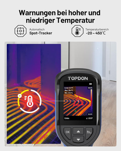 TOPDON TC004 Mini-warmtebeeldcamera, 240 x 240 IR-resolutie, handheld thermische camera, 15 uur batterijduur, 25 Hz beeldherhalingssnelheid, -20 °C tot 450 °C temperatuurbereik,