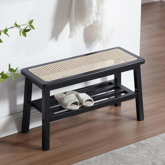 chairus Mid Century Dining Sofa, Rattan Corridor Sofa for Living Room, Ottoman Window Chair with Storage (Black) - QUORE