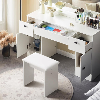 CLIPOP Dressing Table with Large Mirror and 12 LED Lights Hollywood, Adjustable Brightness, Dressing Table with 7 Drawers and Stool, Modern White Makeup Table Set (DR-0457) - QUORE