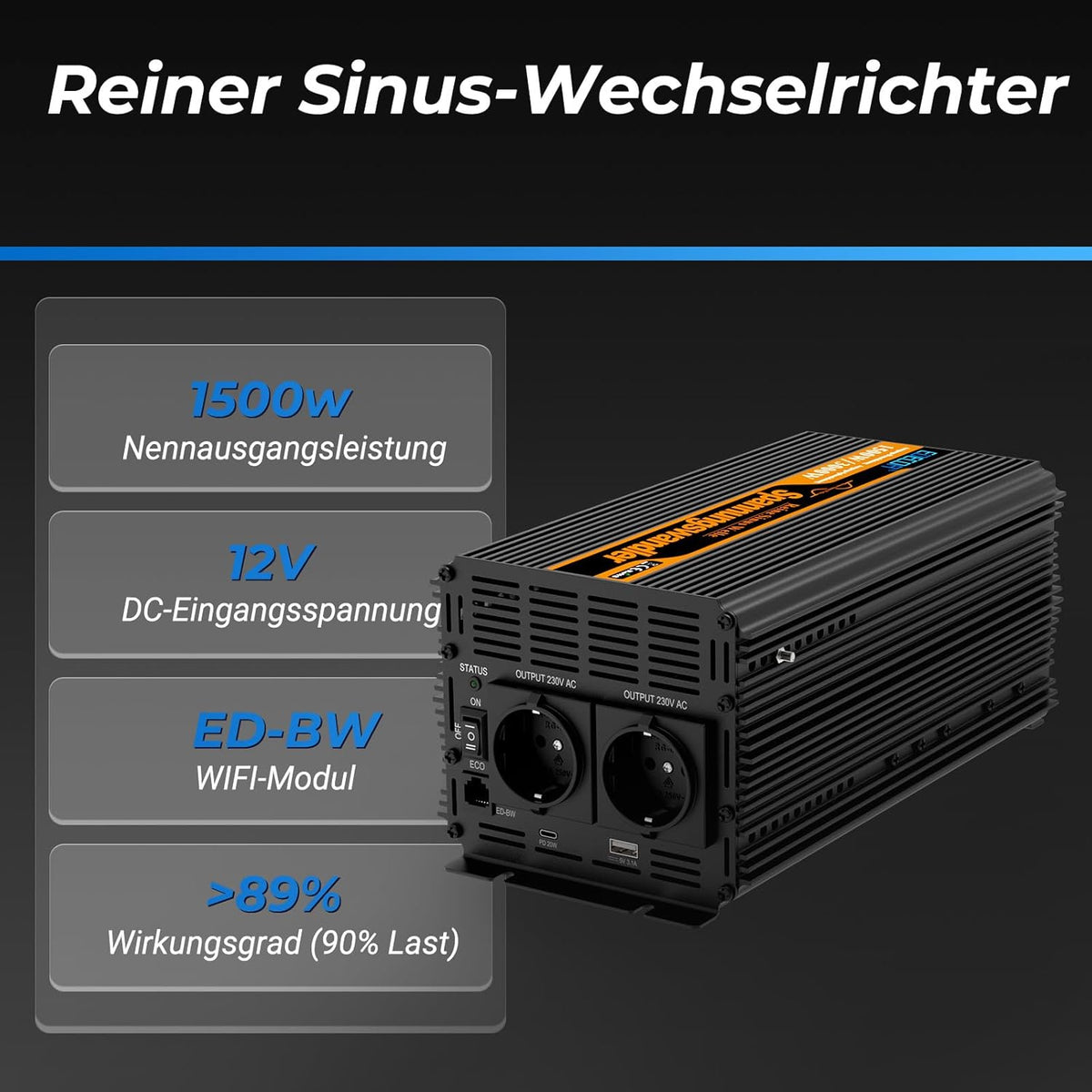 EDECOA 12 V 230 V omvormer 1500 W/3000 W 12 V naar 230 V zuivere sinusgolf omvormer met wifi-module, ondersteuning voor app-functies met 2 USB-poorten