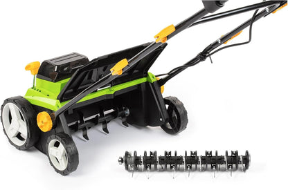 Verticuteermachine – Elektrische Gazonschraper – Mosverwijderaar – Gazonbeluchter – Accu Verticuteerder – Borstelloze Motor – Werkbreedte 38 cm met 16 Messen – 5 Instelbare Dieptes en Ergonomische Handgreep