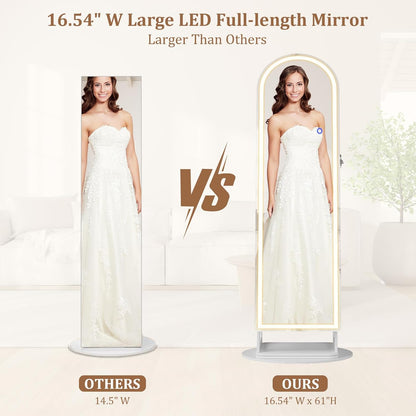 Multifunctionele Staande Sieradenkast – Juwelenkast – Opbergkast – Spiegelkast – Armoire – 360° Draaibaar – Verstelbare LED Verlichting – Afsluitbaar Met Sleutels – MDF En Veilig Glas – 165x56 cm – LED-Wit