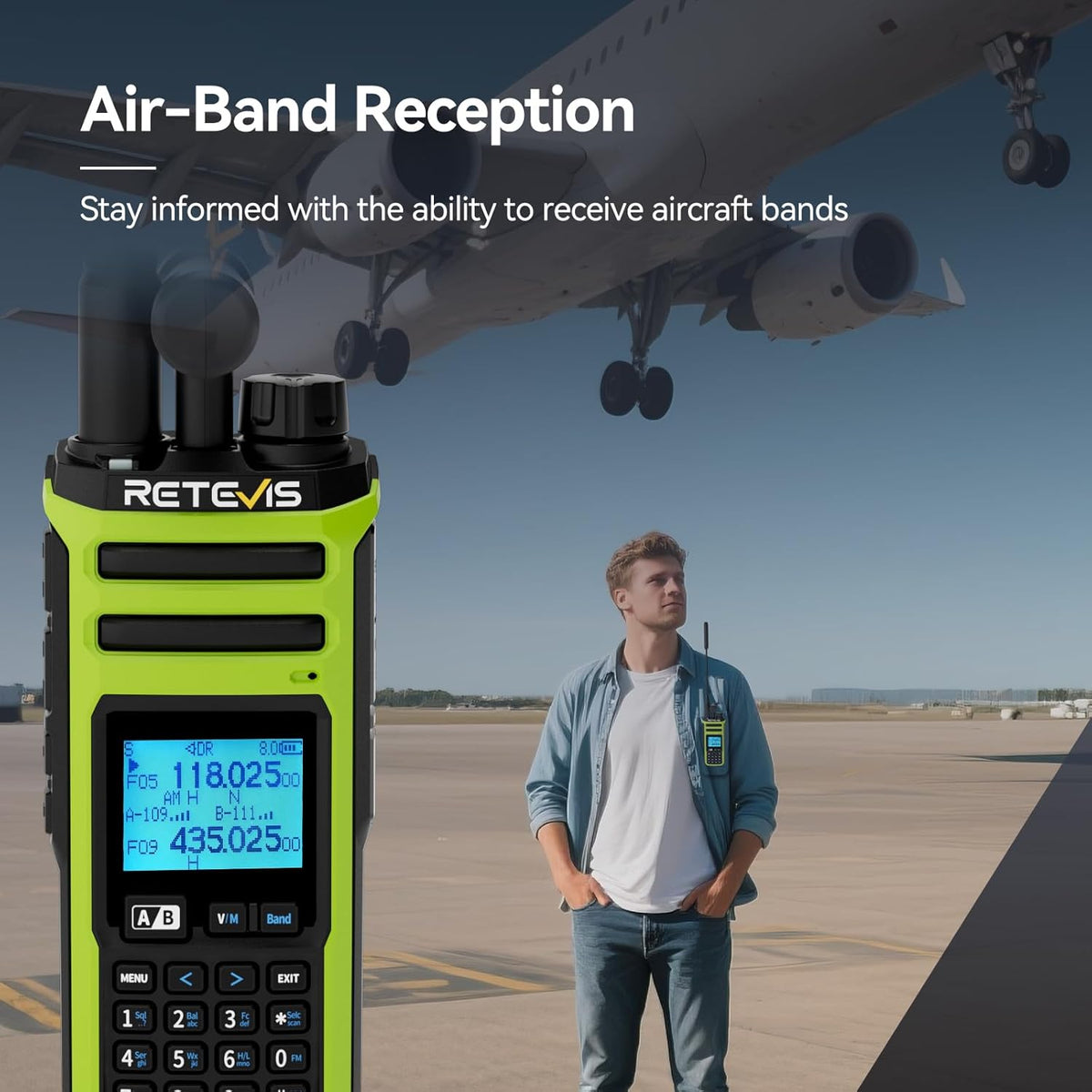 Retevis A3 2-weg Radio voor Volwassenen, Groot Bereik, Quad-Band Hamradio, AM/SSB/FM/AIR, Dual Channel, 2500 mAh-Batterij, Amateurradio voor op Reis, Avontuur (2 stuks)