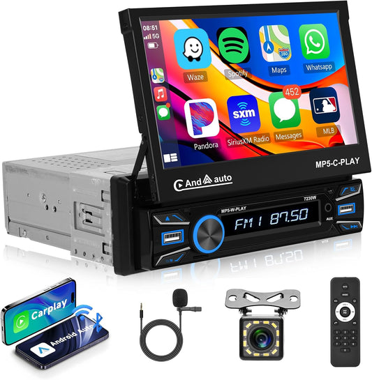 Hodozzy Single Din Car Radio 7 Inch Folding Touch Screen Car Radio With Carplay Android Auto, Car MP5 Player Bluetooth FM Car Radio 1 Din Support Usb/Aux/SWC + Rear View Camera - QUORE