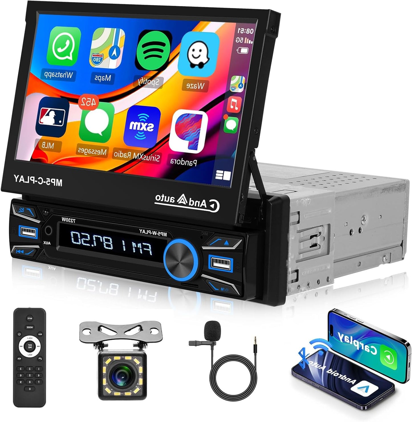 1 DIN Autoradio – Auto Stereo – MP5 Speler – Bluetooth Radio – Multimedia Speler – Gemotoriseerd 7 Inch Flip-Out Touchscreen – Draadloze CarPlay & Android Auto