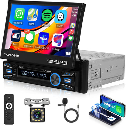 1 DIN Autoradio – Auto Stereo – MP5 Speler – Bluetooth Radio – Multimedia Speler – Gemotoriseerd 7 Inch Flip-Out Touchscreen – Draadloze CarPlay & Android Auto