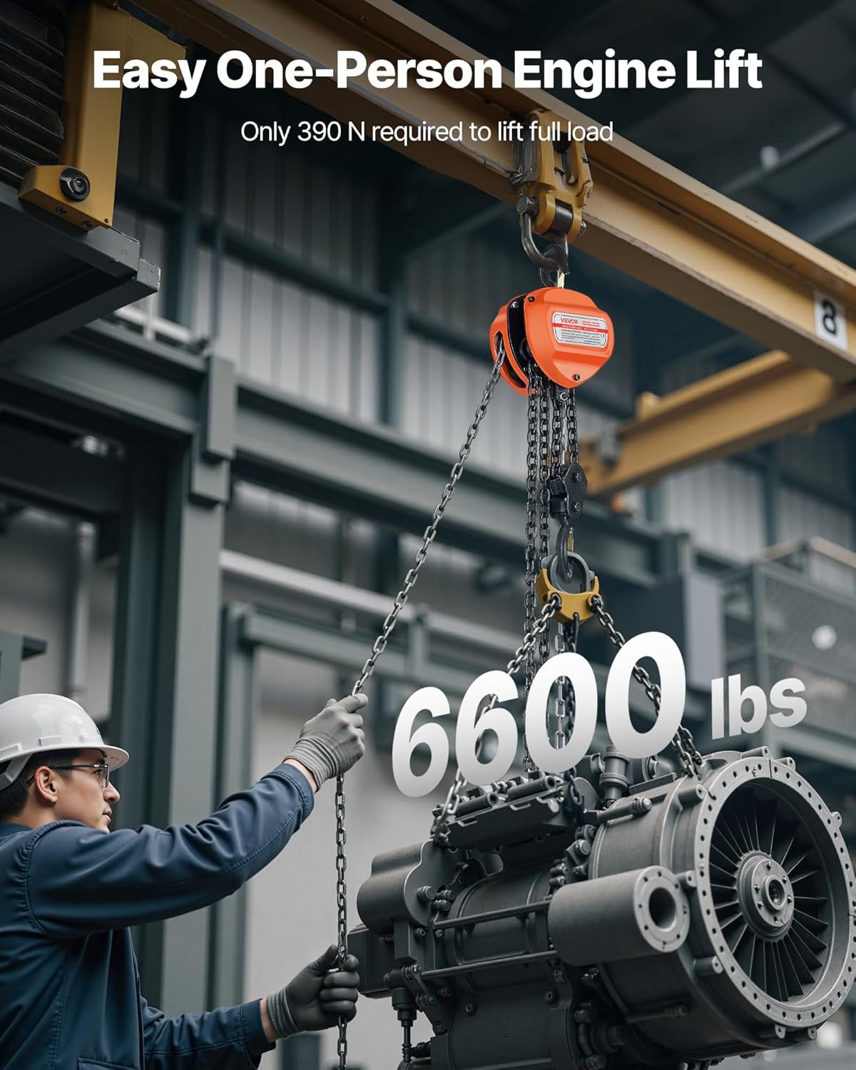 VEVOR Manual Drawstring, Capacity 3 T, with Galvanized Chain G80, Lift Height 6 m, Pulley with Pulley for Cars in Warehouse, Orange