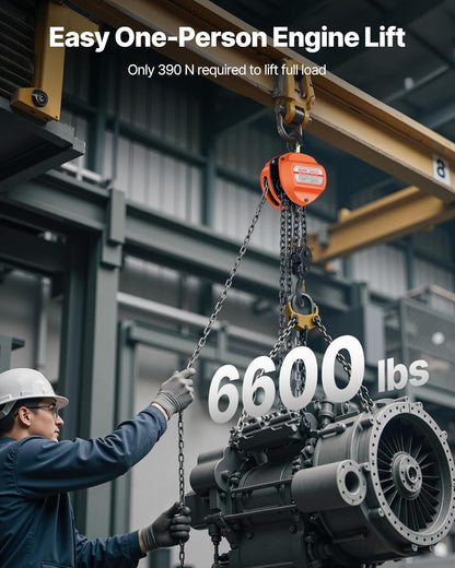 VEVOR Manual Drawstring, Capacity 3 T, with Galvanized Chain G80, Lift Height 6 m, Pulley with Pulley for Cars in Warehouse, Orange