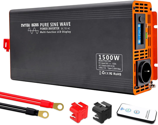 DATOUBOSS Converter 24v to 230v Pure Sine Wave 1500W/3000W, Converter 24v to 230v 1500W with 1 EU Power Outlets 1 USB Ports 1 Type-c Ports, For Motorhomes, Trucks, Camping - QUORE