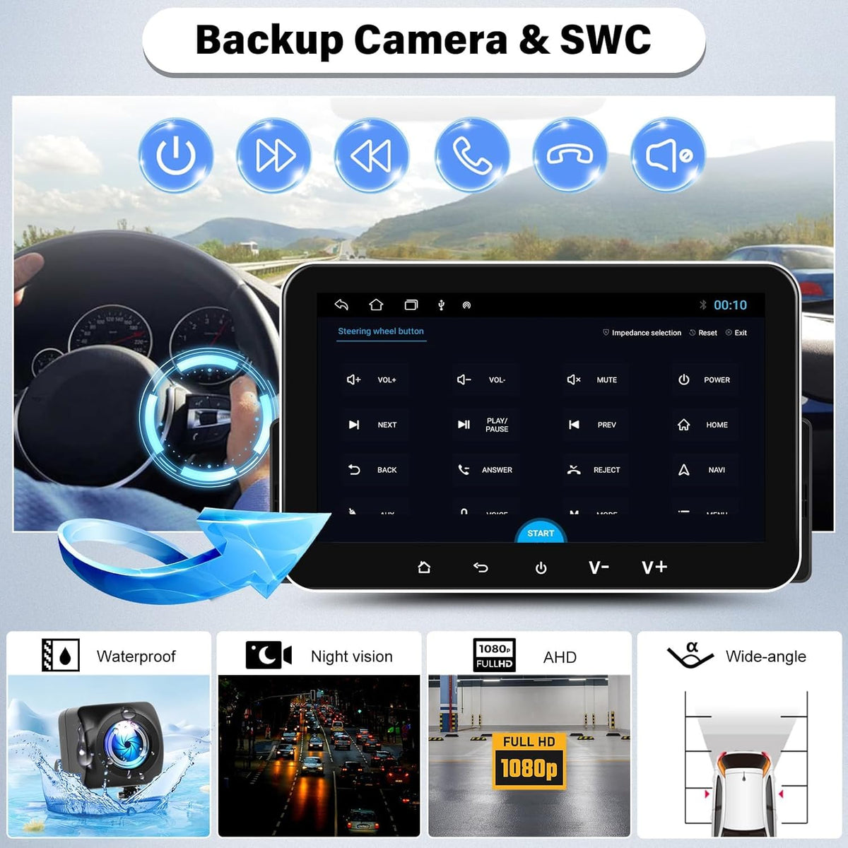 Autoradio 1 Din Android 13 (2G+32G) met Dab+ 7 inch IPS-touchscreen,Draadloze CarPlay, Android Auto, GPS, Bluetooth, Mirror Link, FM/RDS, SWC, Dubbel scherm,USB + microfoon, Achteruitrijcamera