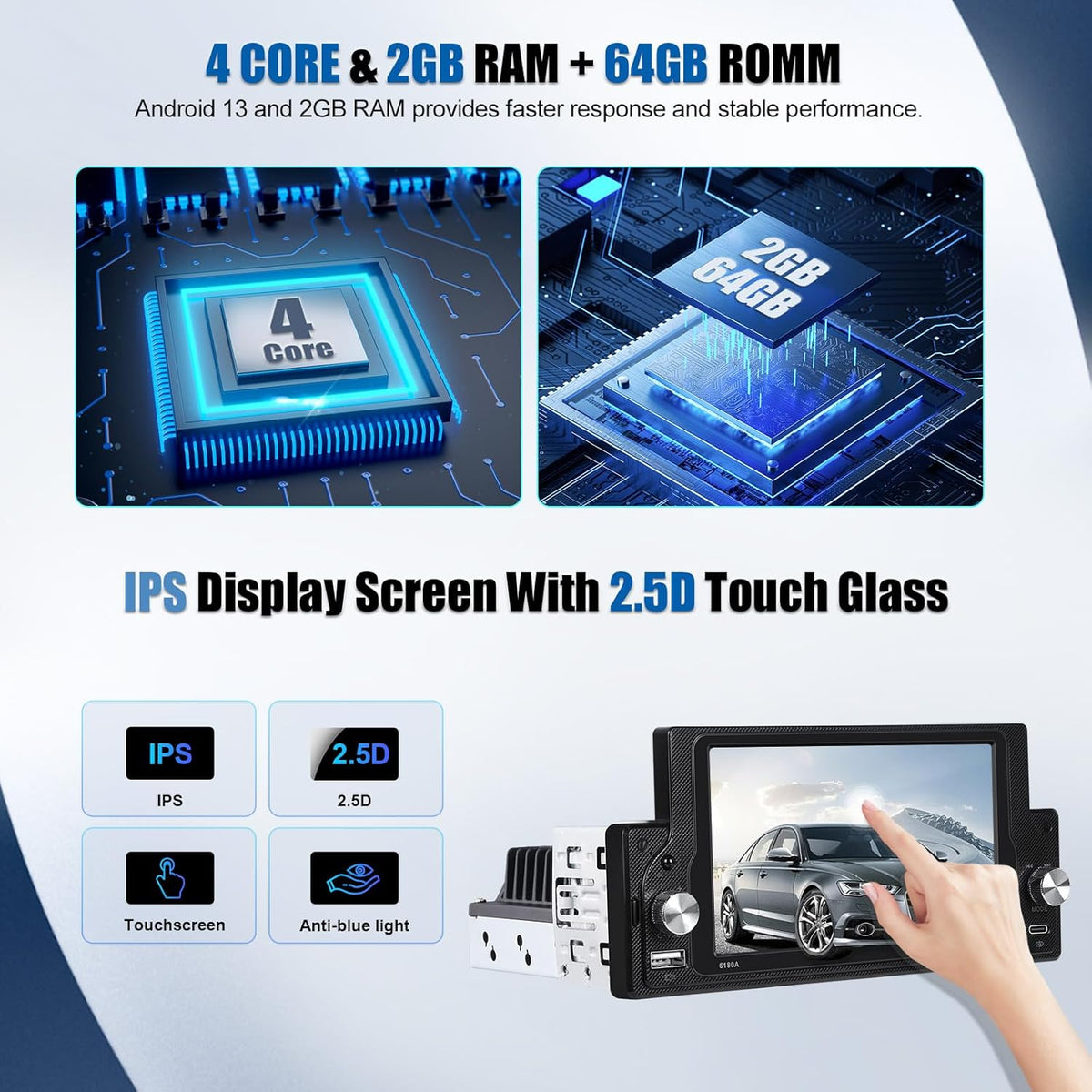 [2 + 64G] SIXWIN Android 13 autoradio 1 DIN met fysieke toetsen, 5,9 inch capacitief touchscreen wifi/GPS/FM/RDS/Bluetooth/SWC
