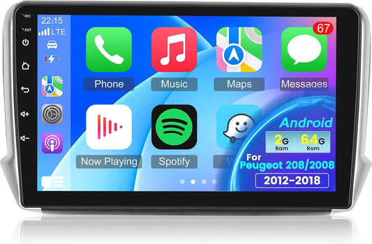 [2+64G] Android 13 Car Radio for Peugeot 208/2008 2012-2018 with Wireless Carplay and Android Auto, 9 Inch Touch Radio with WiFi GPS Mirror Link DSP FM/RDS Radio SWC + AHD Rear Camera - QUORE