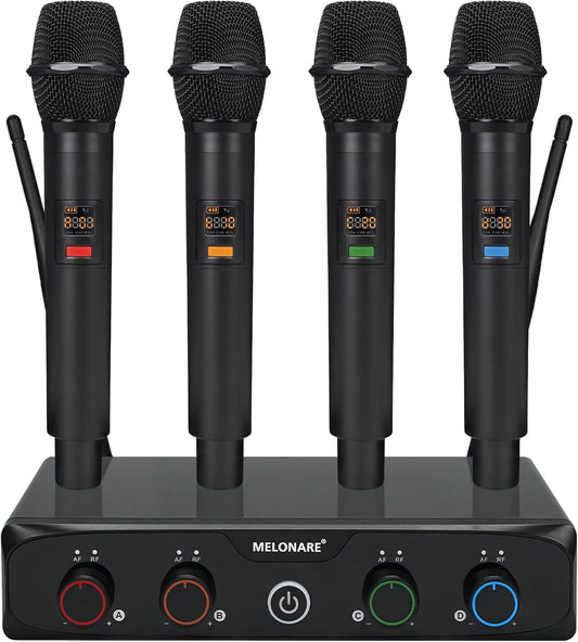 4-Kanaals Draadloos Microfoonsysteem – Draadloze Microfoonset – 4 Handmicrofoons – Karaoke Microfoonset – Spraakmicrofoon – UHF Digitaal – Bereik Tot 60 Meter