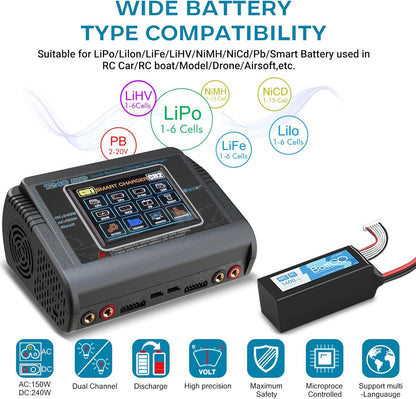 Lipo Balance Oplader – RC Oplader – Batterijlader – Acculader – Balanslader – Veilig Laden – Dubbel Kanaal 10A – 150W AC / 240W DC – Compatibel XT60 Deans Tamiya