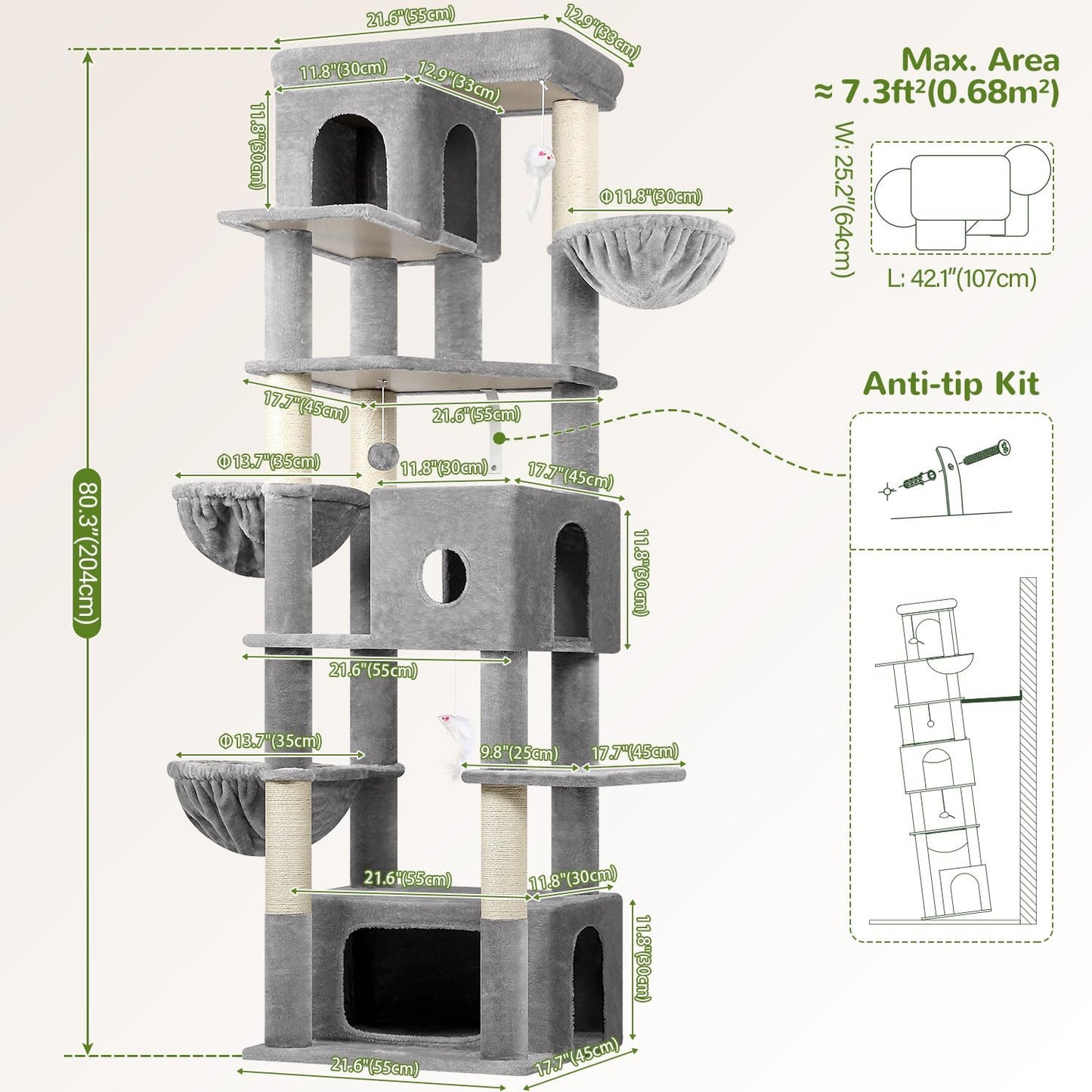 Globlazer Cat Tree Large, Scratching Post XXl high 204cm with 3 cat house, 2 Large Platform, 2 Cat Baskets Soft, Stable cat tower luxury for 3-5 Large cats Rest Play Indoor (F80F, Light grey) - QUORE