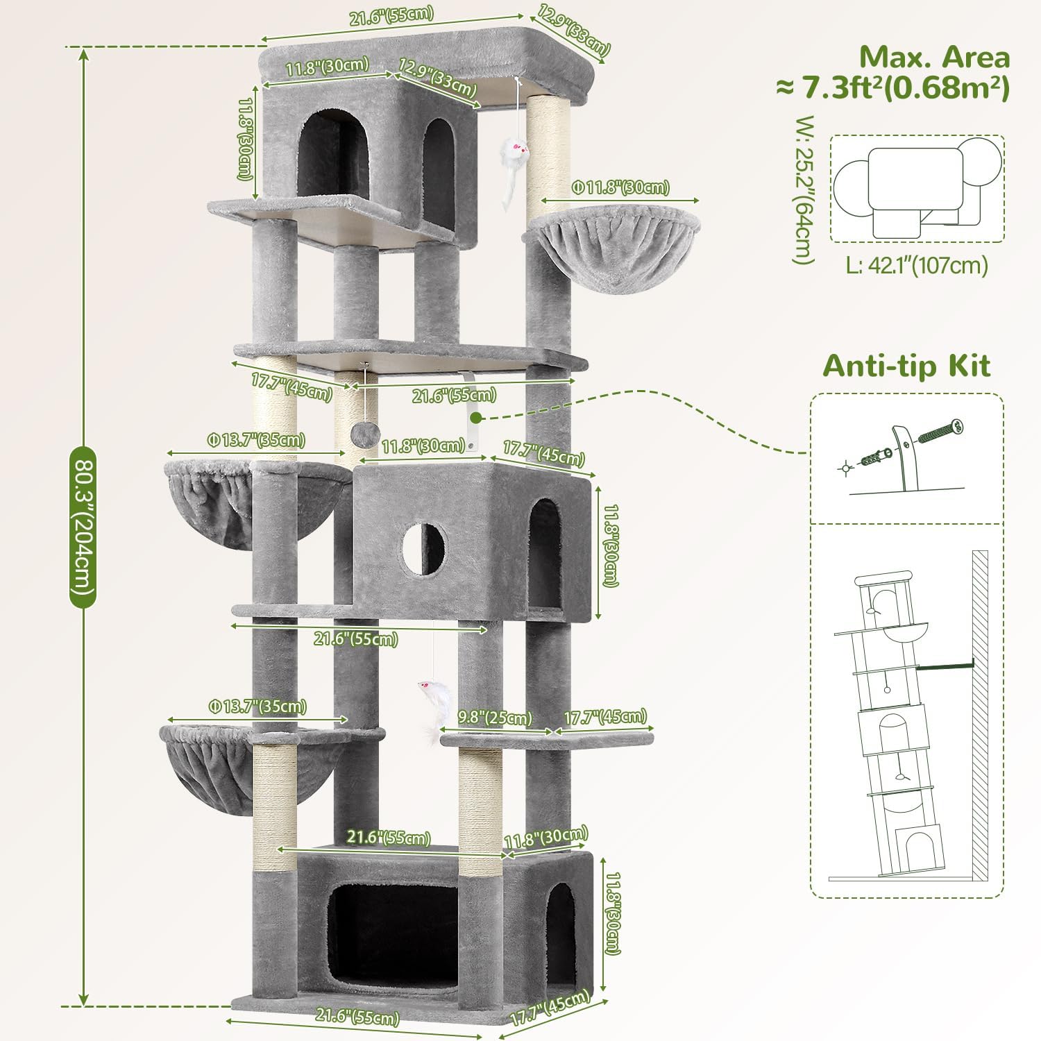 Globlazer Cat Tree Large, Scratching Post XXl high 204cm with 3 cat house, 2 Large Platform, 2 Cat Baskets Soft, Stable cat tower luxury for 3-5 Large cats Rest Play Indoor (F80F, Light grey) - QUORE