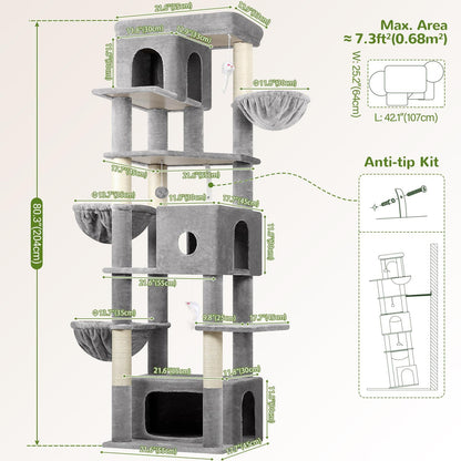 Globlazer Cat Tree Large, Scratching Post XXl high 204cm with 3 cat house, 2 Large Platform, 2 Cat Baskets Soft, Stable cat tower luxury for 3-5 Large cats Rest Play Indoor (F80F, Light grey) - QUORE