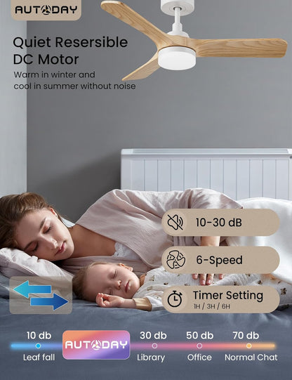 Houten plafondventilator met licht, 30 W, ultra-stille DC-motor, diameter 90 cm, met 3 omkeerbare vleugels, afstandsbediening met geheugenfunctie, 6 snelheden, dimbaar, plafondventilator