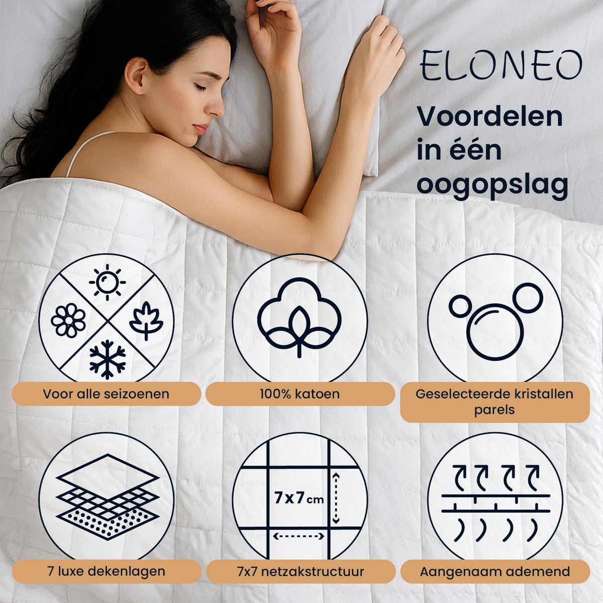 ELONEO verzwaringsdeken 200x200 cm met 7 kg, TÜV- en Oeko-Tex-gecertificeerd, weighted blanket van 100% katoen, ontspanningsdeken & anti-stress therapiedeken, zware deken om onder te slapen